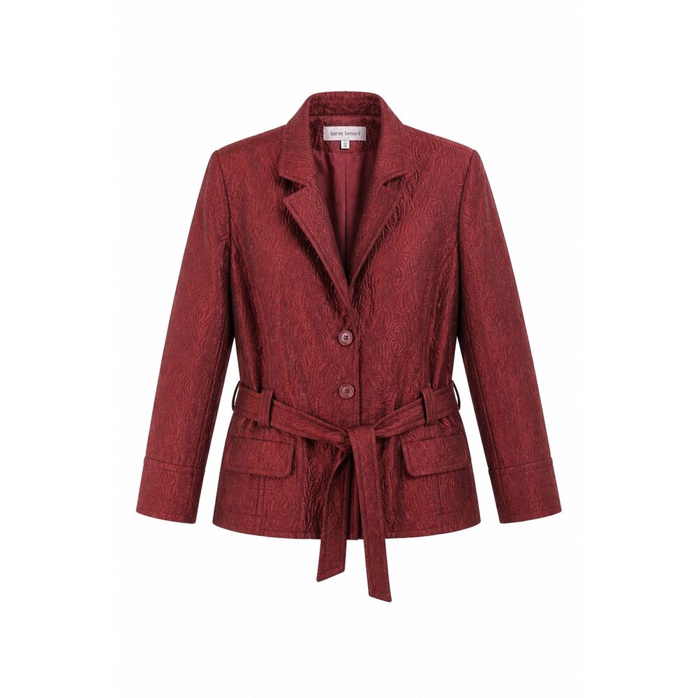 Harve Bernard Vintage 90s Belted Blazer Size 10 Red Brocade Jacquard Jacket